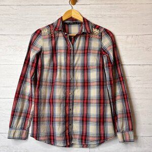 Zara Top Womens SZ XS Plaid Studded 100% Cotton Button Down Long Sleeve Cowgirl